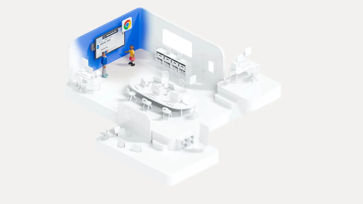 Top-down ? view of a 3D-animated classroom, where a teacher and a student stand in front of a large-screen display.
